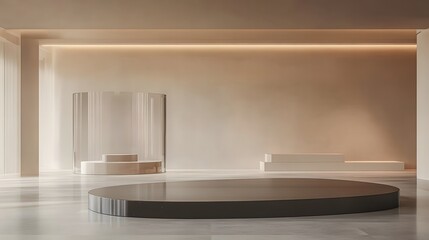 72. A sleek, transparent podium in a modern showroom with clean lines and plenty of empty space around it for a product showcase