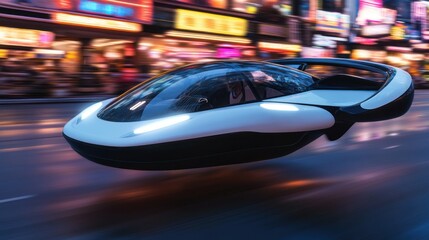 Obraz premium A futuristic flying vehicle moves across the city streets with speed
