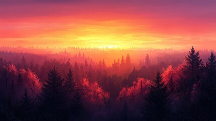 A beautiful sunset over a vast forest, with the treetops glowing in shades of orange and pink.