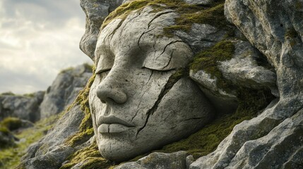 Obraz premium A stone statue of a serene face with closed eyes rests