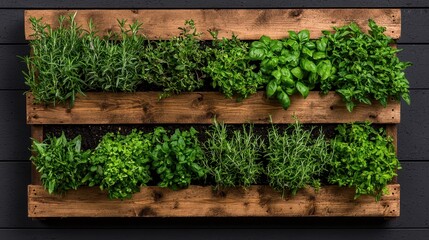 Herbs growing in a DIY vertical garden box made of wood on dark plank wall