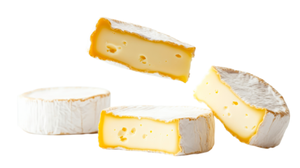 Soft cheese varieties arrangement against black background, cut out transparent