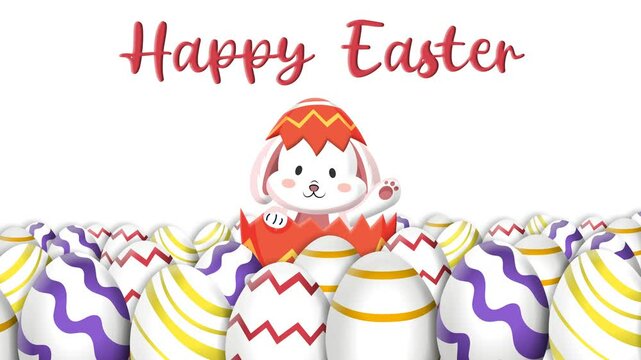 A delightful 4K looping Easter animation featuring a cheerful bunny waving from a cracked red egg surrounded by colorful patterned eggs. The text "Happy Easter" appears in a vibrant, festive style.