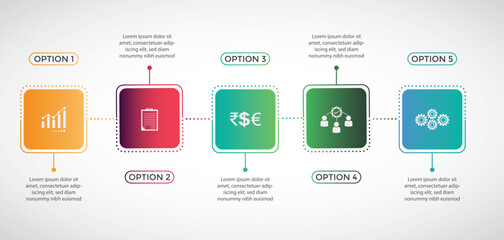 5, Infographic design template. Timeline concept with 5 square steps. Can be used for workflow layout, Presentation, diagram, banner, Vector illustration with 5 Square gradient color options