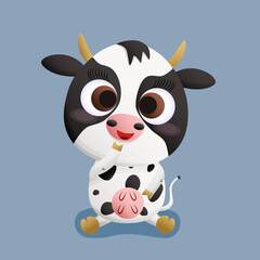 A charming cartoon style illustration of a cute cow with big expressive eyes. The cow has a distinctive black and white coat with spots and small golden horns. She sits with a smile on her face and