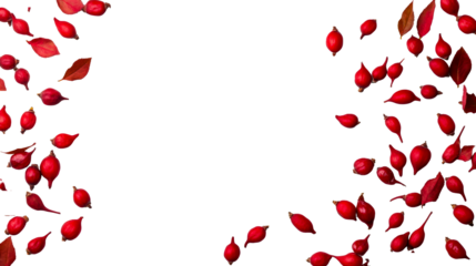 Red leaves and berries, autumnal arrangement, on black background, cut out transparent