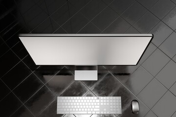 Mockup black desktop computer on dark black glossy tile floor. White blank screen for template material.