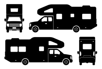 Recreational vehicle silhouette on white background. Vehicle icons set view from side, front and back