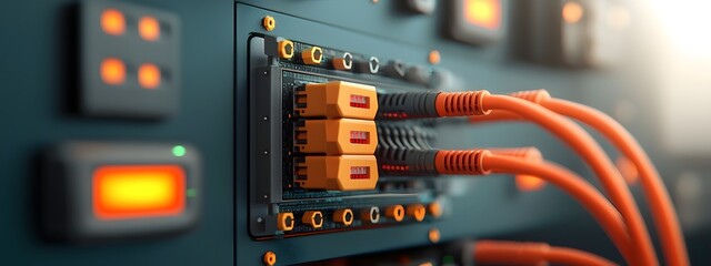 A sleek and modular data center with advanced cooling systems intertwined cables and glowing electronic components showcasing the high tech infrastructure of a futuristic server farm