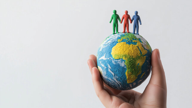 Sustainable Development Goals Concept, Global Unity Three Figures Holding Hands on a Hand Held Earth Globe
