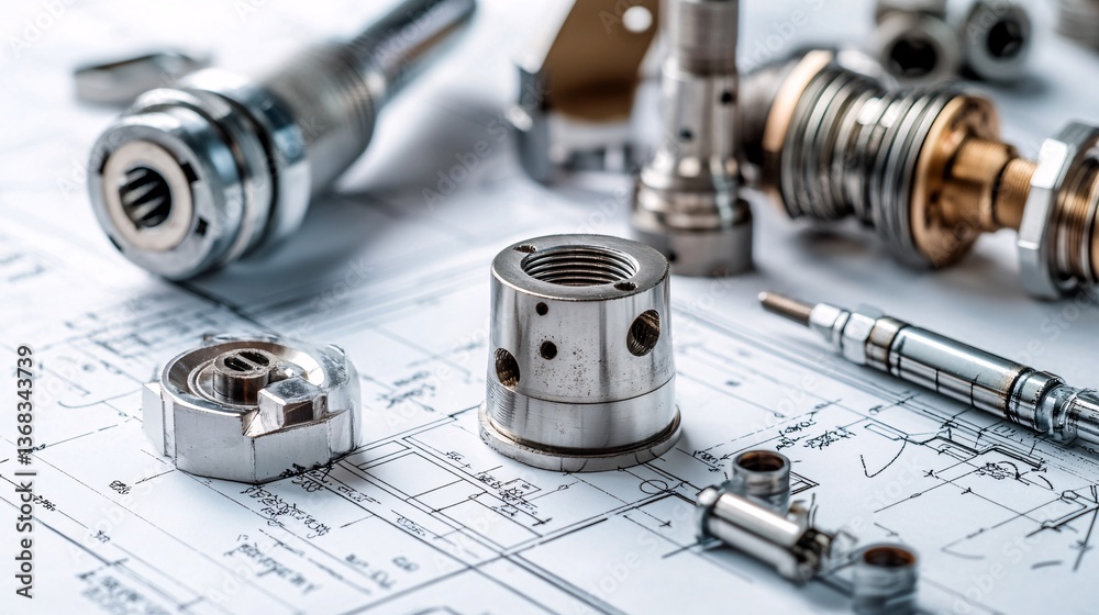 Poster mechanical engineering components lying on technical drawing