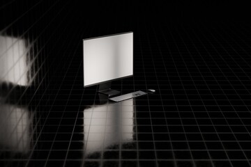 Mockup black desktop computer on dark black glossy tile floor. White blank screen for template material.
