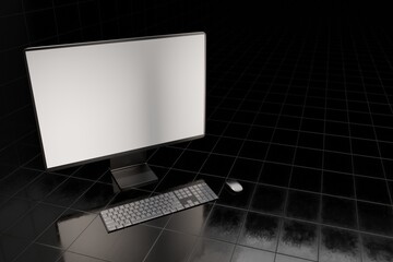 Mockup black desktop computer on dark black glossy tile floor. White blank screen for template material.