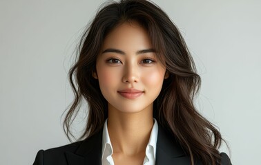 Fototapeta premium A confident and self esteem female executive in a sharp black suit stands against a dark themed background, exuding power and elegance.