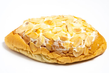 A Danish Swirl pastry with almond cream and sliced almonds on top. A sweet treat with flaky layers, isolated on a white background.