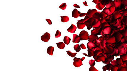 Red rose petals scattered in the air, decoration concept, cut out transparent