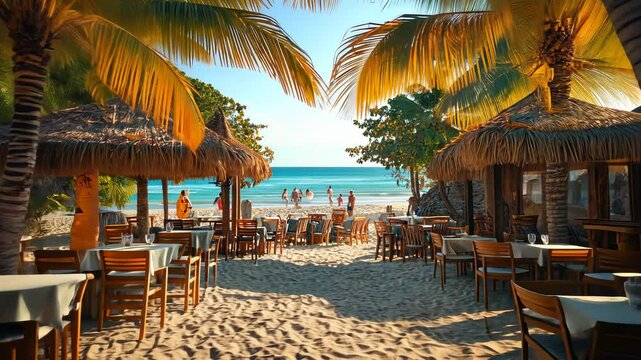 Tropical beach bar scene, people relaxing, sunny day