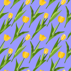 A floral seamless pattern featuring various colourful tulips with green leaves on a pale violet background. Geometrical background pattern. Botanical texture design for prints, wallpaper, and textiles