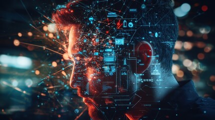 Profile view of a man's face overlayed with glowing red and blue digital data streams set against a blurred cityscape background at night