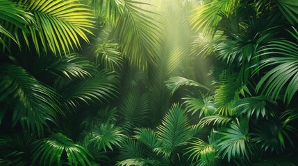 Lush tropical rainforest sunlight, vibrant green foliage background, nature scene, travel