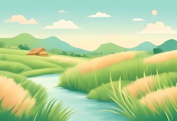 Obraz premium Peaceful Serene Landscape with Green Meadows Illustration