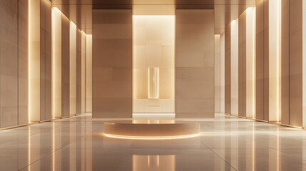 117. A tall, modern podium with a reflective surface, surrounded by an open, neutral-toned space designed for displaying a luxury product