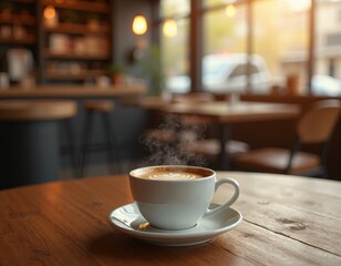Fototapeta premium Steamy cup of coffee on a wooden table in a cozy cafe