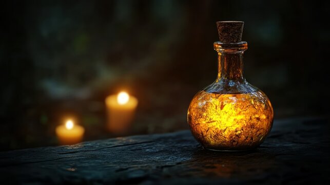 A glowing potion bottle on a dark, weathered wooden surface in low lighting.
