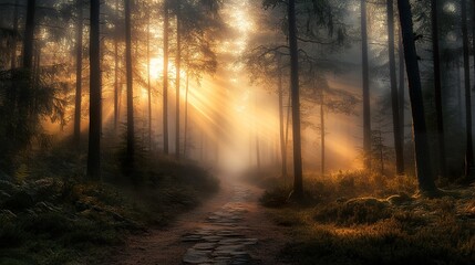Obraz premium Enchanting sunbeams filtering through a misty forest path create a magical scene