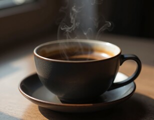 Fototapeta premium Steaming coffee cup on wooden table