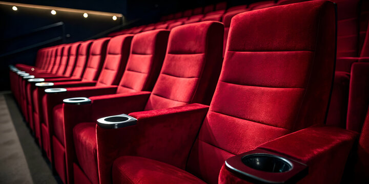 Shooshtime cinema seats in red velvet row, dim light and modern style view