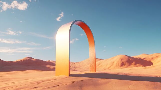 Sleek metallic arch in the middle desert under blue sky. Surreal desert minimalist landscape - Powered by Adobe