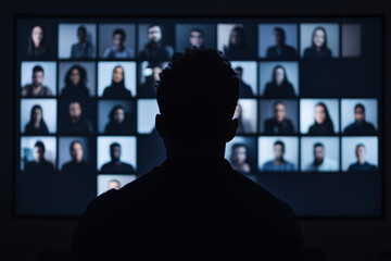Remote Connection: A silhouette of a person gazing intently at a screen displaying a grid of individuals, emphasizing the essence of remote communication, meetings, and the digital age. 