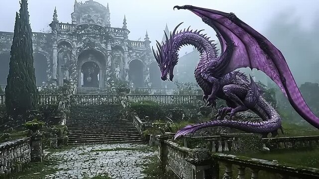 A majestic purple dragon with outstretched wings overlooks an ancient, foggy, ornate palace.