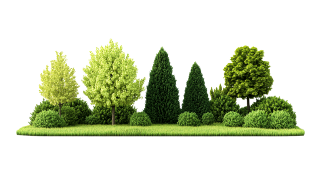 Garden landscaping with diverse trees and bushes, cut out transparent