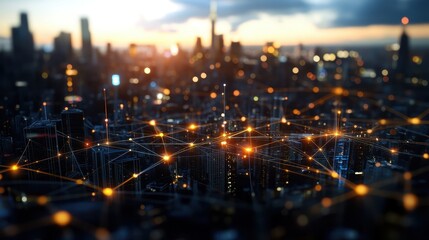 Naklejka premium Stylized cityscape at sunset featu glowing lines connecting buildings symbolizing digital connectivity, smart cities, and the Internet of Things concept
