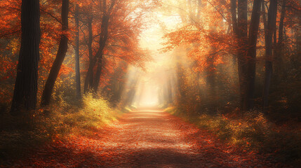 Fototapeta premium Enchanted Autumn Path A Magical Forest Walk in Golden Sunlight