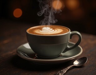 Fototapeta premium Cozy coffee cup with steam and artful foam design