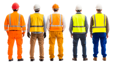 Back view workers in uniforms and helmets standing, cut out transparent