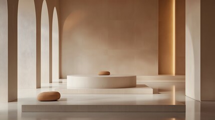 Fototapeta premium 124. A modern podium with a matte finish, surrounded by an expansive space with neutral tones and soft lighting, perfect for product display