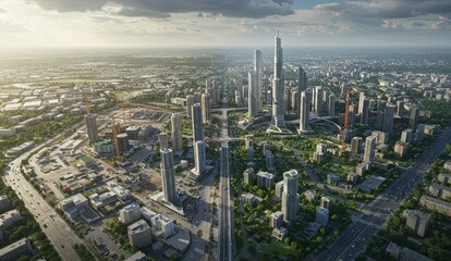 Fototapeta premium Aerial view of modern urban skyline with high-rise buildings and green spaces, showcasing sustainable architecture and urban planning.