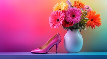 Pink high heel shoe and colorful gerbera flowers in vase on colorful background