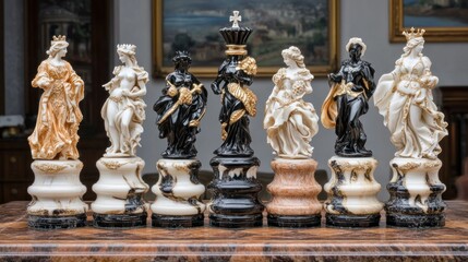 Fototapeta premium Elegant chess pieces are arranged in a refined and intricate display