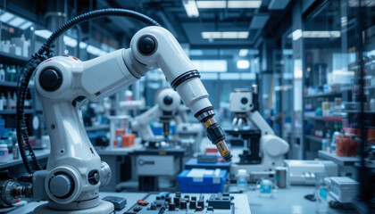Fototapeta premium A robotic arm meticulously handling a sample in a high-tech laboratory, showcasing precision and innovation with cool blue tones and sharp focus.