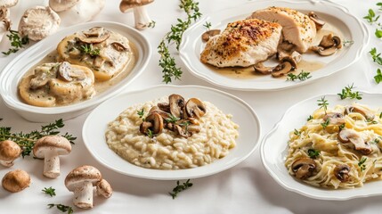 Beautifully Detailed Photo of Mushroom-infused Dishes in Elegant Setting: Creamy Mushroom Risotto, Mushroom and Truffle Pasta, and Mushroom-stuffed Chicken Breast