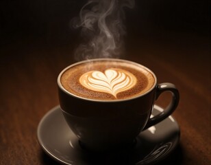 Steaming coffee with heart shaped latte art