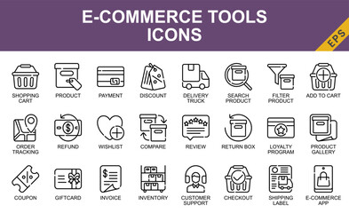 E-commerce Tools icon set vector in line style for shopping, website, app, UI, UX, presentation, finance, and other.