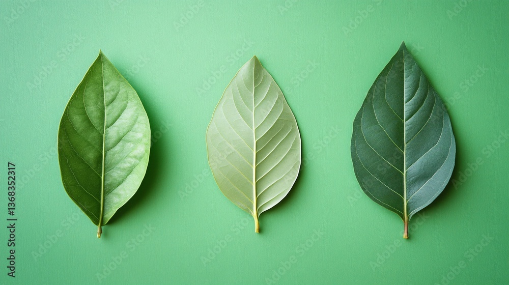 Poster three green leaves showing different shades of green on matching background