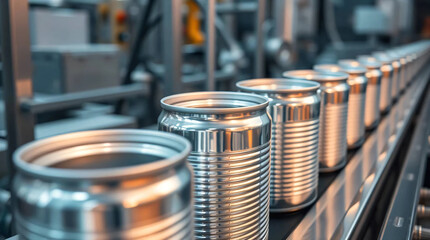 Empty silver cans on the production line in the factory