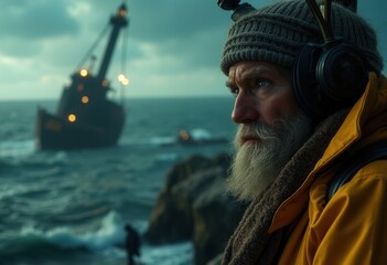 Weathered lighthouse keeper observing shipwreck during tempest  